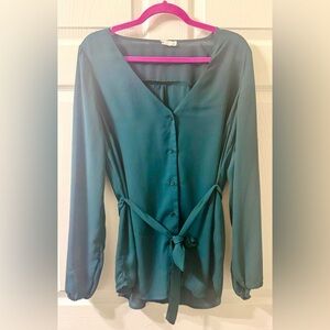 JustFab Teal V-Neck Button-Up Blouse